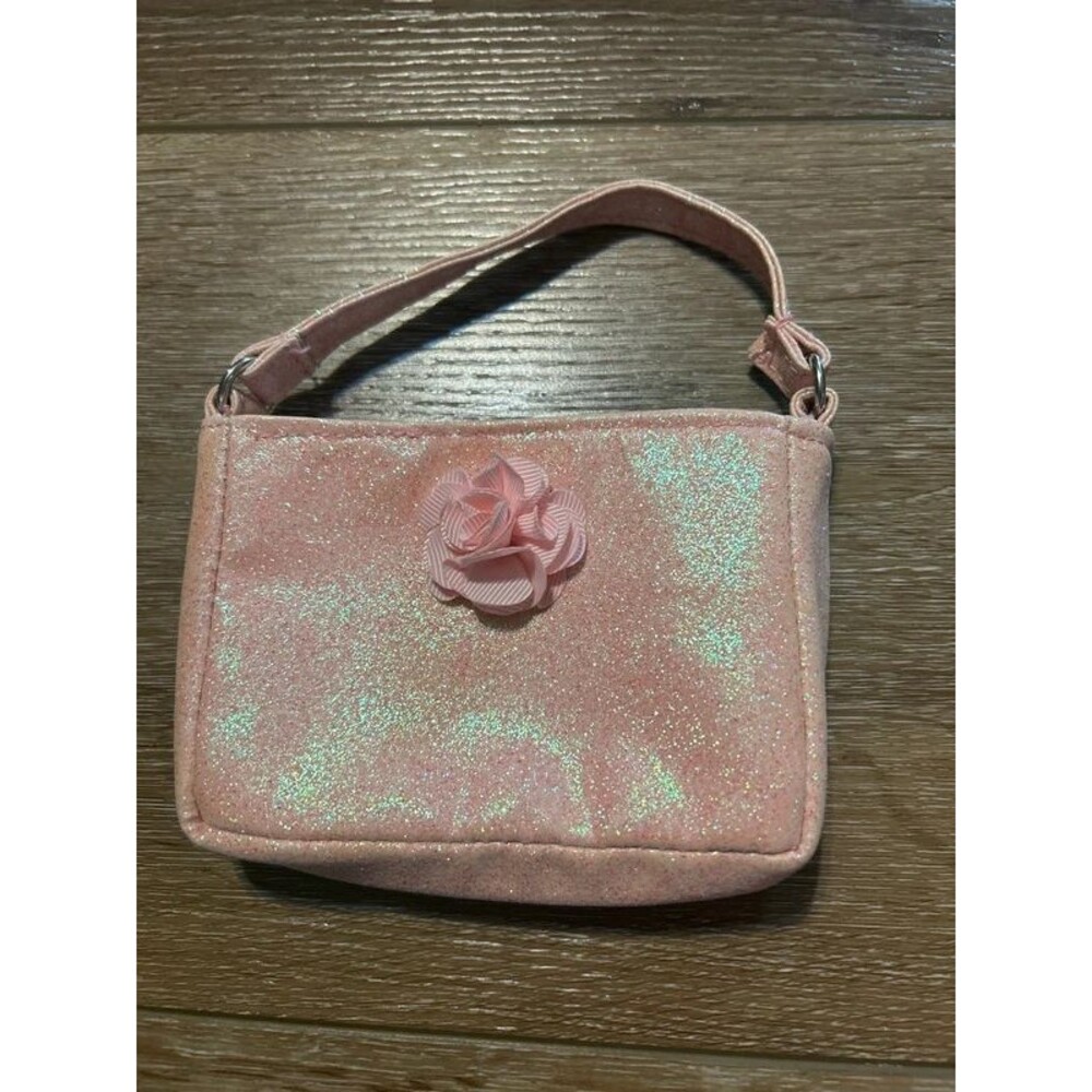 Girls Pink Glitter Mini Handbag Purse with Floral Rosette & Interior Lining